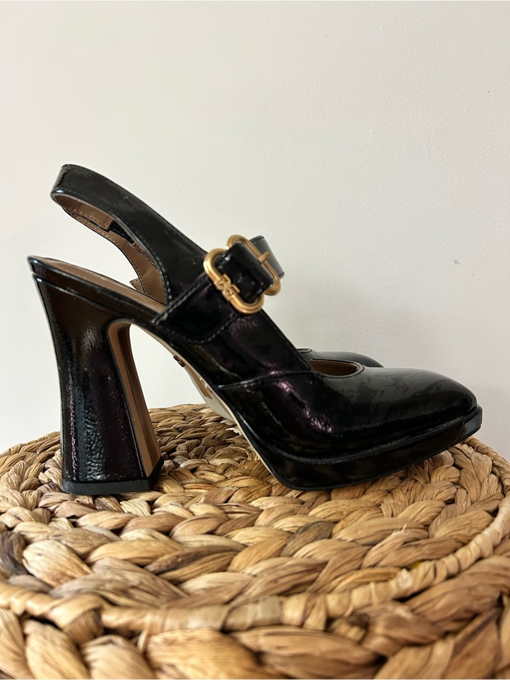 Sam Edelman Black Patent Mary Jane Block Heels with Gold Buckle - Picture 2 of 5